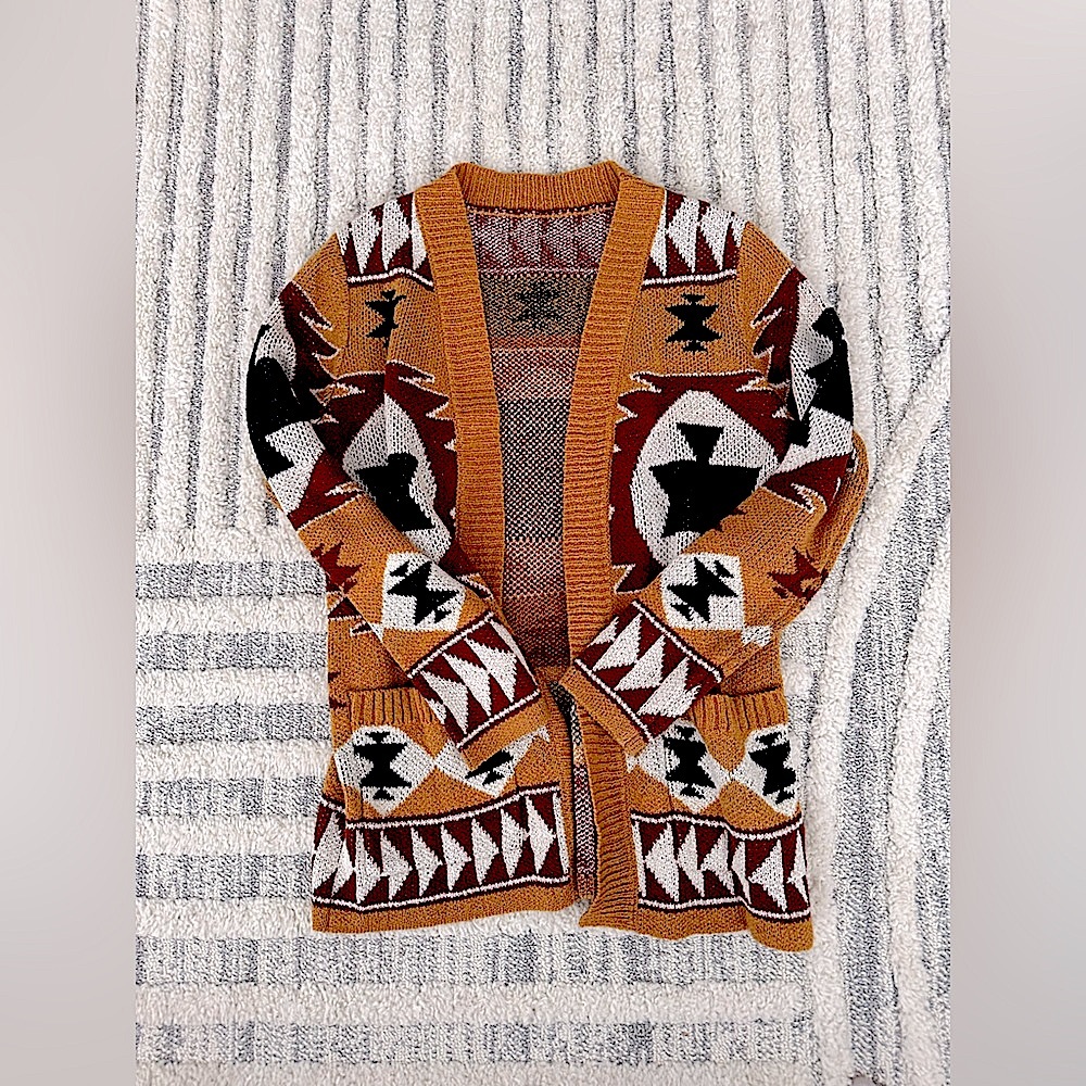 Aztec boho cardigan oversized sweater open in the front, geometric, size: small - Picture 2 of 6